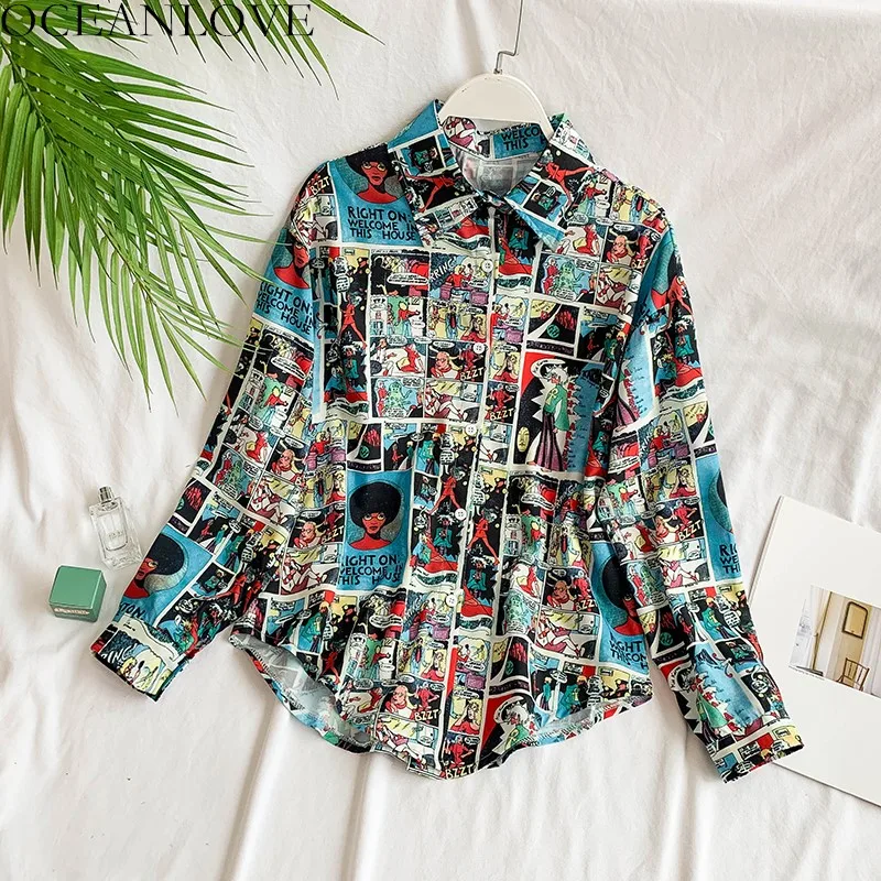 

OCEANLOVE Print Retro Cartoon Women Shirt Single Breasted Long Sleeve Blouse 2019 Spring Fashion Music Festival New Blusa 11128