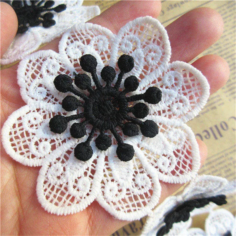 

10x White and Black Cotton Flower Embroidered Fabric Lace Edge Trim Applique Ribbon DIY Sewing Supplies Craft Decoration 7cmx7cm