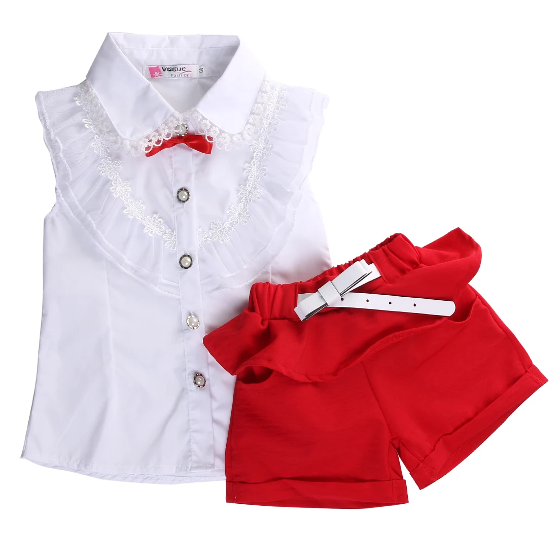 Праздничные кружевные топы с цветочным рисунком для маленьких девочек, блузка, рубашка короткие штаны, костюм-двойка комплект из 2 предметов для детей от 2 до 7 лет - Цвет: Красный
