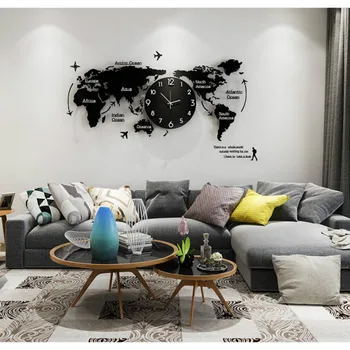 

Large Luminous Modern Design for Living Room Glow in Dark Acrylic Large World Map Wall Clocks Stickers Watch Clock Home Decor