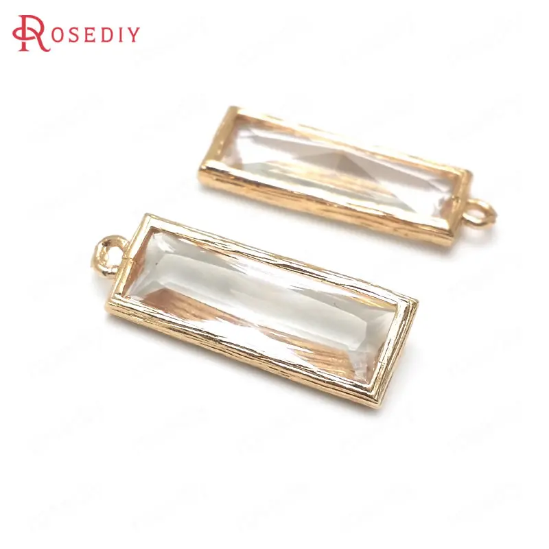 

(36411)10PCS 26x9MM 24K Champagne Gold Color Brass with White Glass Faceted Rectangle Shape Charms Pendants Diy Jewelry Findings