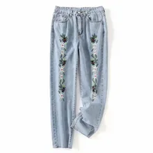 Винтажные шаровары с цветочной вышивкой потертые синие женские свободные джинсы Брюки с карманами по щиколотку
