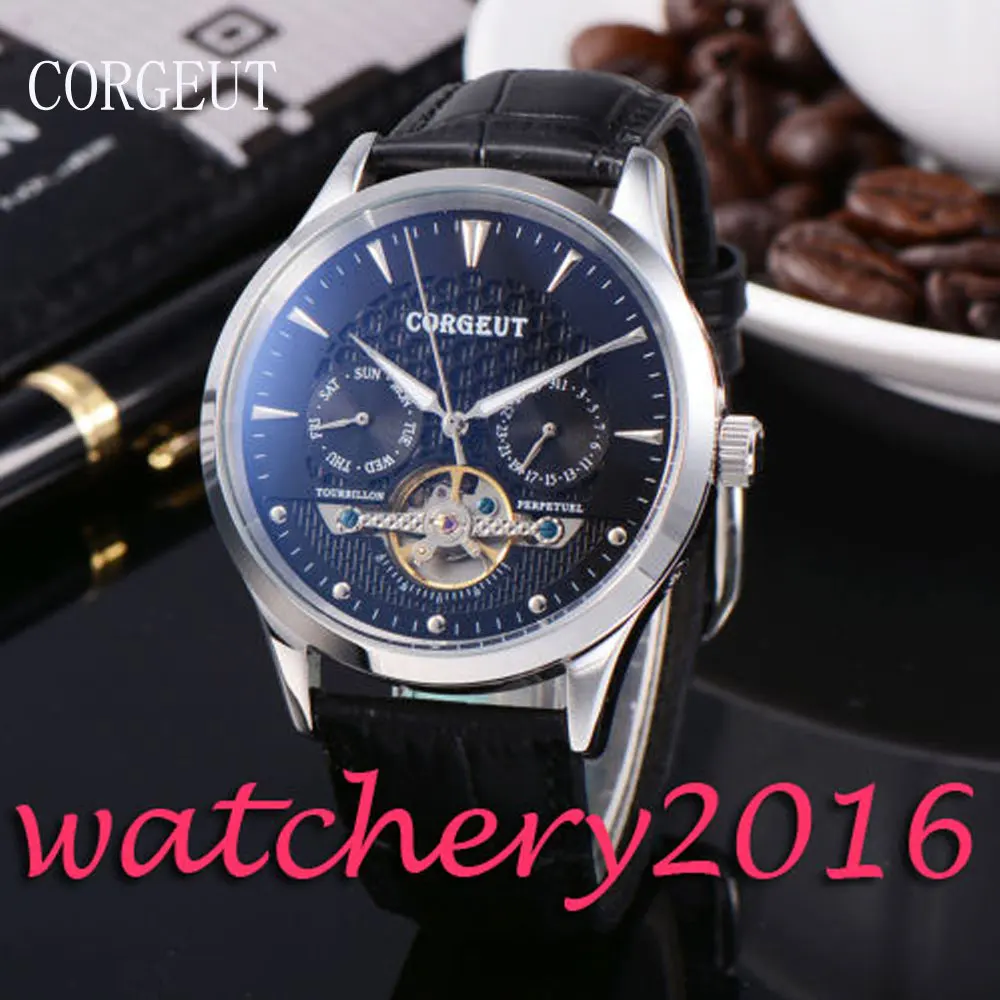 

Luxury 44mm Corgeut black dial silver marks day Date automatic movement men's Watch