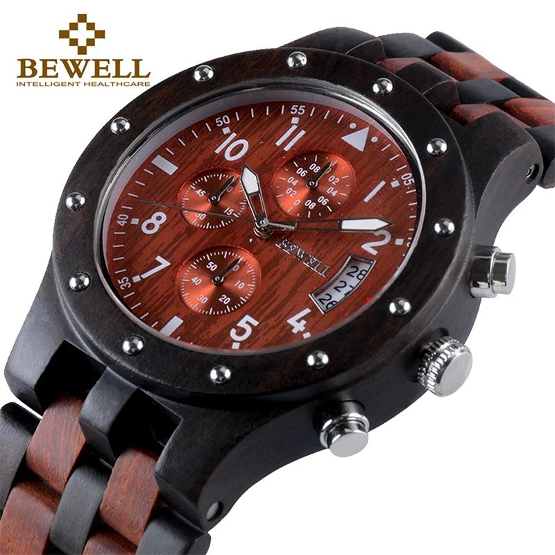 

BEWELL Luxury Brand Men's Wood Quartz Wrist Watch Men Sport Waterproof Watch Man Chronograph Clock Relogio Masculino 109D