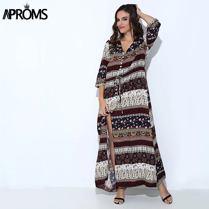 Online 3XL Boho Ethnic verano largo Maxi vestido de mujer Sexy con cuello en V Vestido de playa de media manga suelta Vestidos de gran tamaño