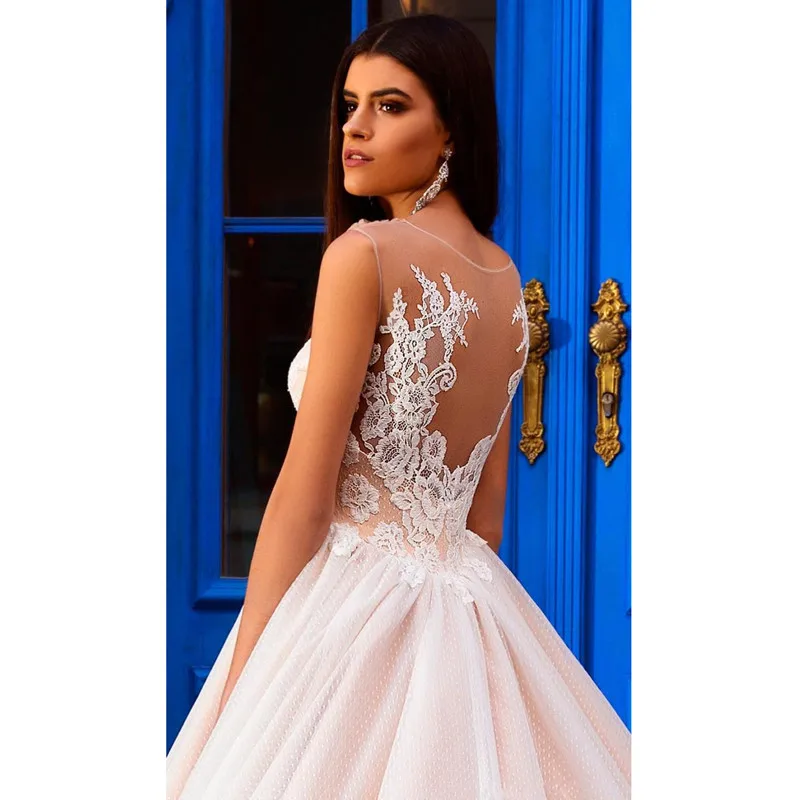 Nude Pink Princess Ball Gown Wedding Dresses IllusionRound Neckline Sheer V-neck Lace Embellished Back Gorgeous Bodice Bridal Gowns 2016