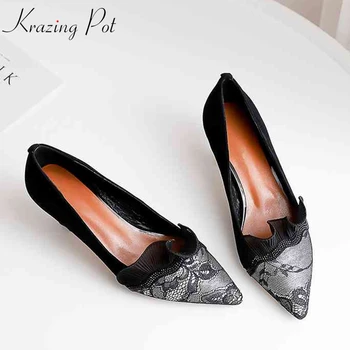 

Krazing pot 2019 natural skin embroidery stiletto high heels Spring dress dating black lace sexy ruffles pointed toe pumps L03