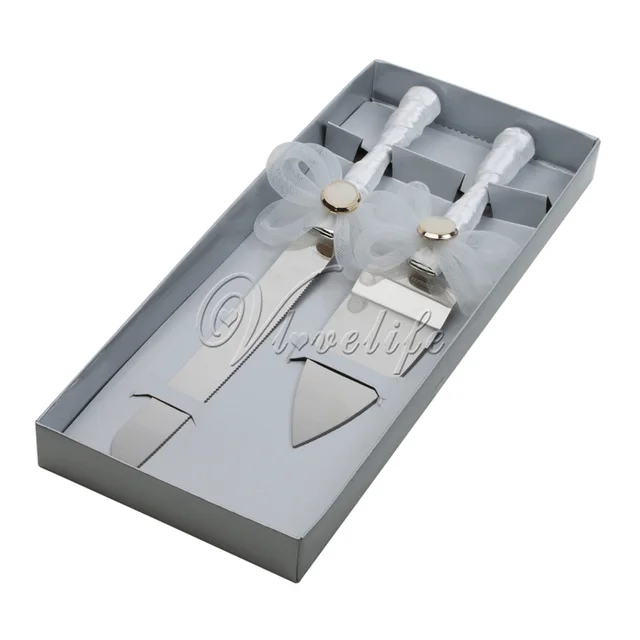 White Satin Ribbons Wedding Cake Knife And Server Set Stainless White Satin Ribbons Wedding Cake Knife And Server Set Stainless Steel Cutter With Gift Box