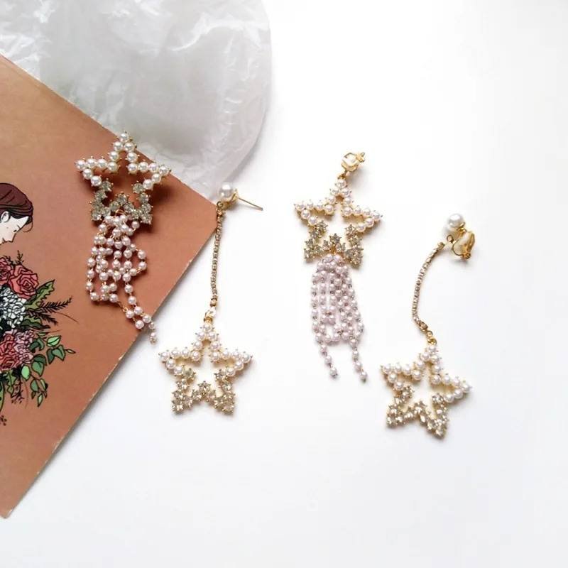 

Korean Creative Personality Pentagram Asymmetry Dangle Earrings Women Girl Fashion Rhinestones Imitation Pearl Jewelry Ear Clip