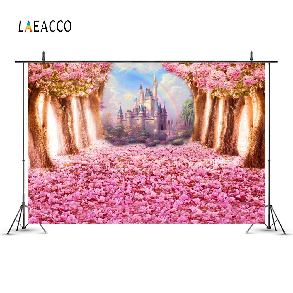 Laeacco Fairy Tale Forest Tree Flowers Castle Rainbow Photography Backgrounds Customized Photographic Backdrops For Photo Studio