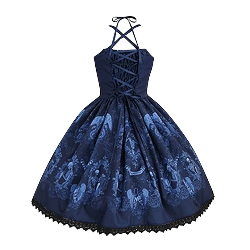 Skull Print Dress For Women Punk Style Summer Dress Strap Hepburn Dress Big Swing Party Dress Large Vestido De Festa 40JUN59