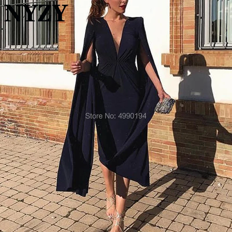 

Stretch Jersey Tea Length Long Sleeve Black Evening Dress NYZY C207 Short Evening Gown Robe de Soiree vestido de festa