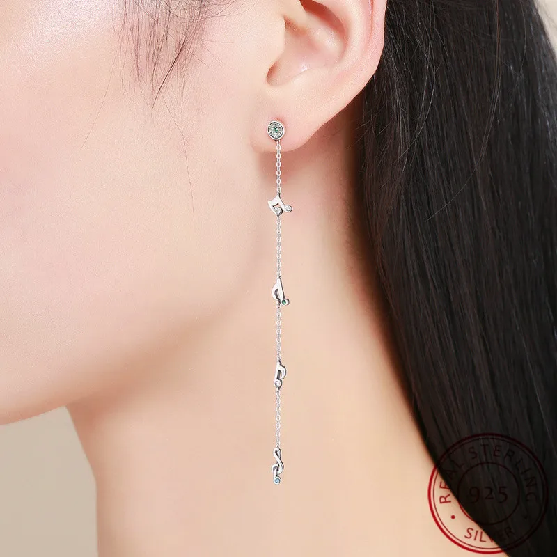 

New Musical Note Dangle Earrings Charm Long Chain Sterling Silver Drop Earrings for Women Girls Christmas Party Jewelry Gift