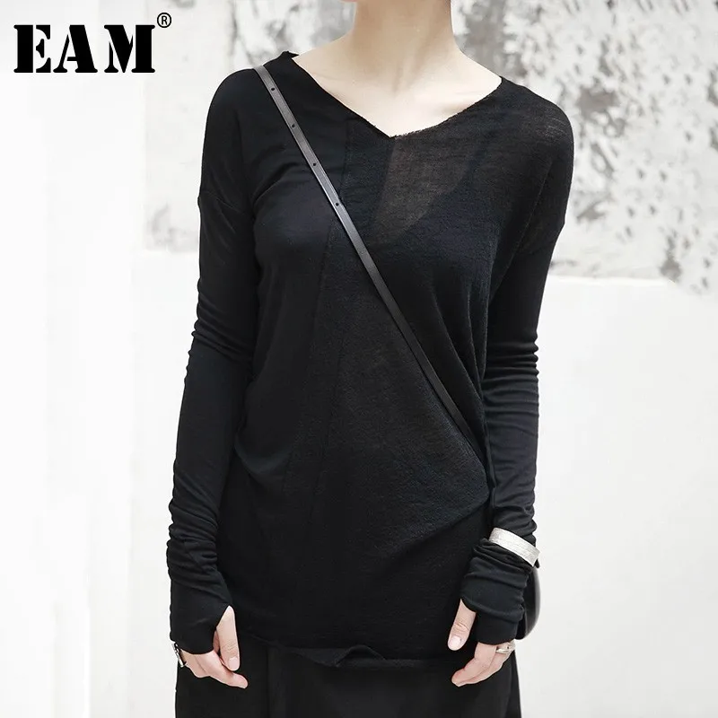 

[EAM] 2019New Autumn Winter V-collar Long Sleeve Half Split Joint Perspective Loose Thin T-shirt Women Fashion Tide JI101