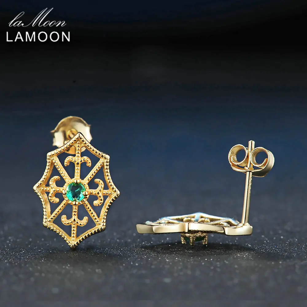 LAMOON Spider Web 2.5mm Round Cut Green Emerald 925 sterling-silver-jewelry Stud Earring S925 LMEI052