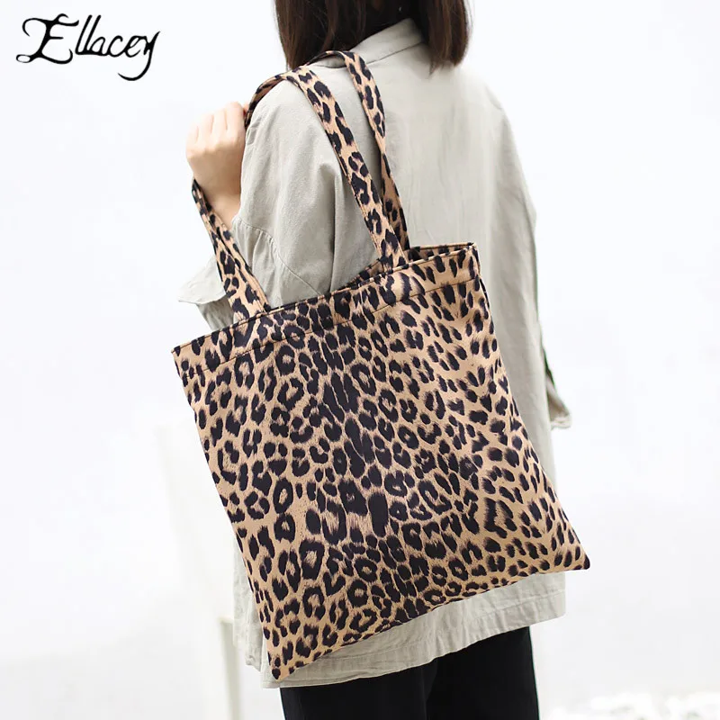 

New Simple Women Large Capacity Leopard Bag Casual High Quality Soft Canvas Tote Bag With Zipper Shoulder Bag Ladies Hand Bags