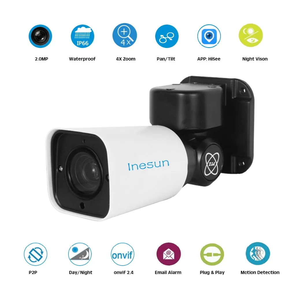 Inesun наружная PoE PTZ IP камера безопасности 2MP HD 1080P 4X оптический зум IP66