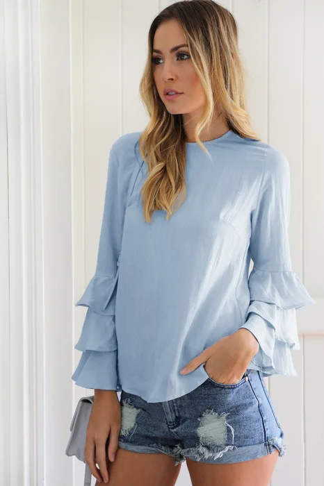LOSSKY женская шифоновая блузка Осенняя рубашка повседневная с длинными расклешенными рукавами однотонная летняя блузка рубашки плюс размер женские топы - Цвет: sky blue