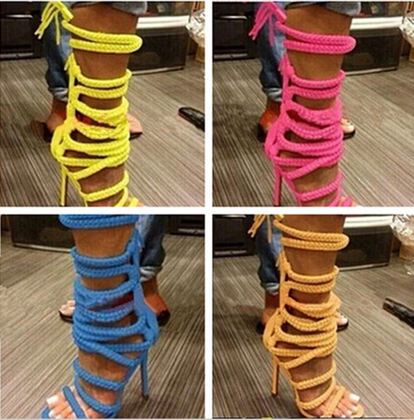 

2018 Multi Color High Heels Women Gladiator Sandals Rope Lace-up Women Boots Chain Ankle Strap Summer Shoes Woman Free Shipping