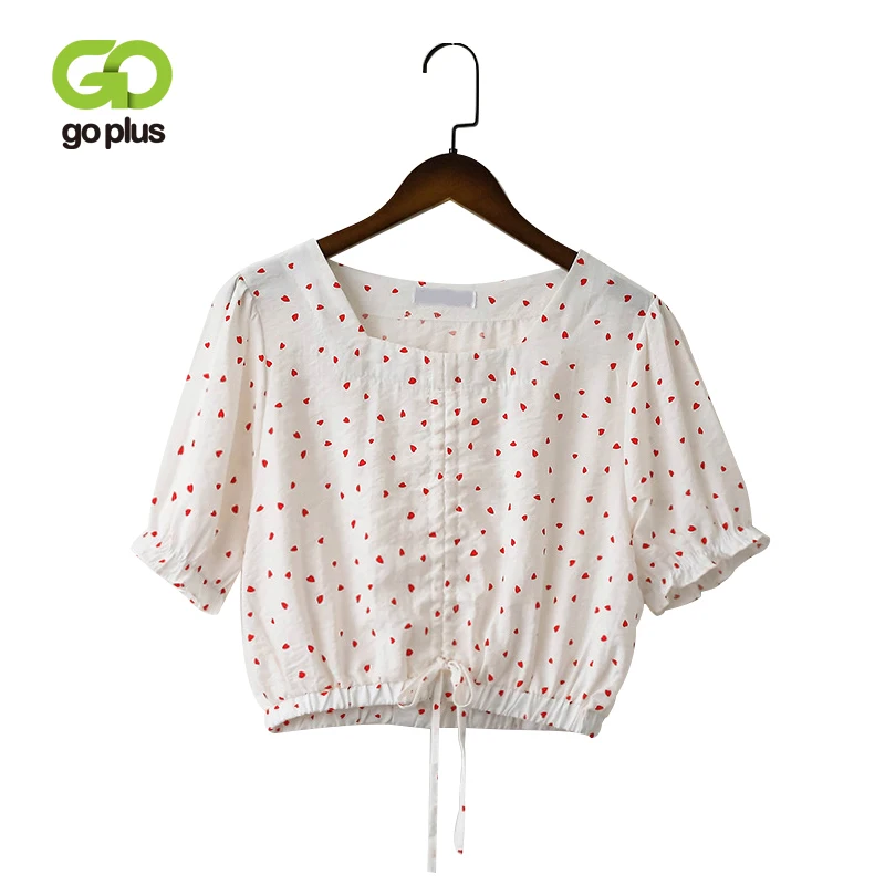 

GOPLUS T shirt Women Summer Love Printed Square Collar Drawstring Folds Bow Short Sleeve Short Tops Tshirt Womens Korean Clothes