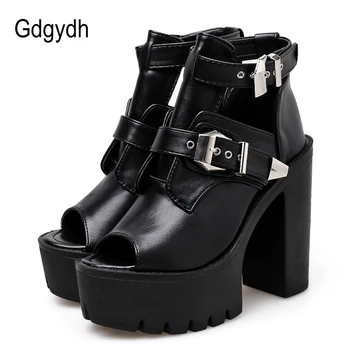 

Gdgydh Ladies Black Leather Boots Platform Heels Fashion Buckle Peep Toe Summer Shoes Woman Sexy Footwear Female 2019 New Spring
