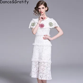 

Women Summer Elegant Cloak Sleeve Lace Embroidery Runway Dress Female Lady Robe Femme High Quality Designer Party Vestidos