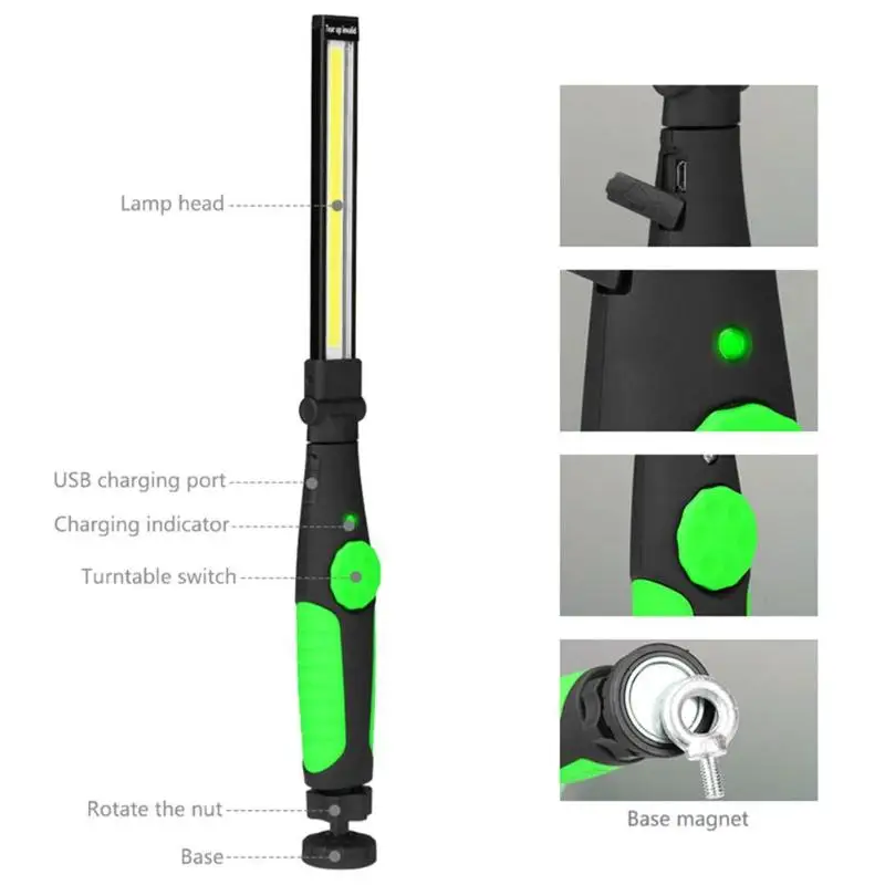 Мощный магнитный контрольный светильник COB с зарядкой от USB, светодиодный рабочий светильник с регулируемой яркостью на 360 градусов, автоматический ремонтный светильник, фонарь для кемпинга