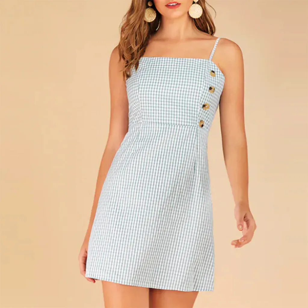 

MUQGEW women summer sexy dress Women's Vintage Plaid Print Sleeveless Ladies Slash-Neck Casual Mini Dress sukienka#y3