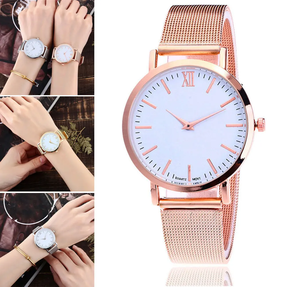 Simple Women Watches Steel Mesh Strap Round Dial Wristwatch Simple