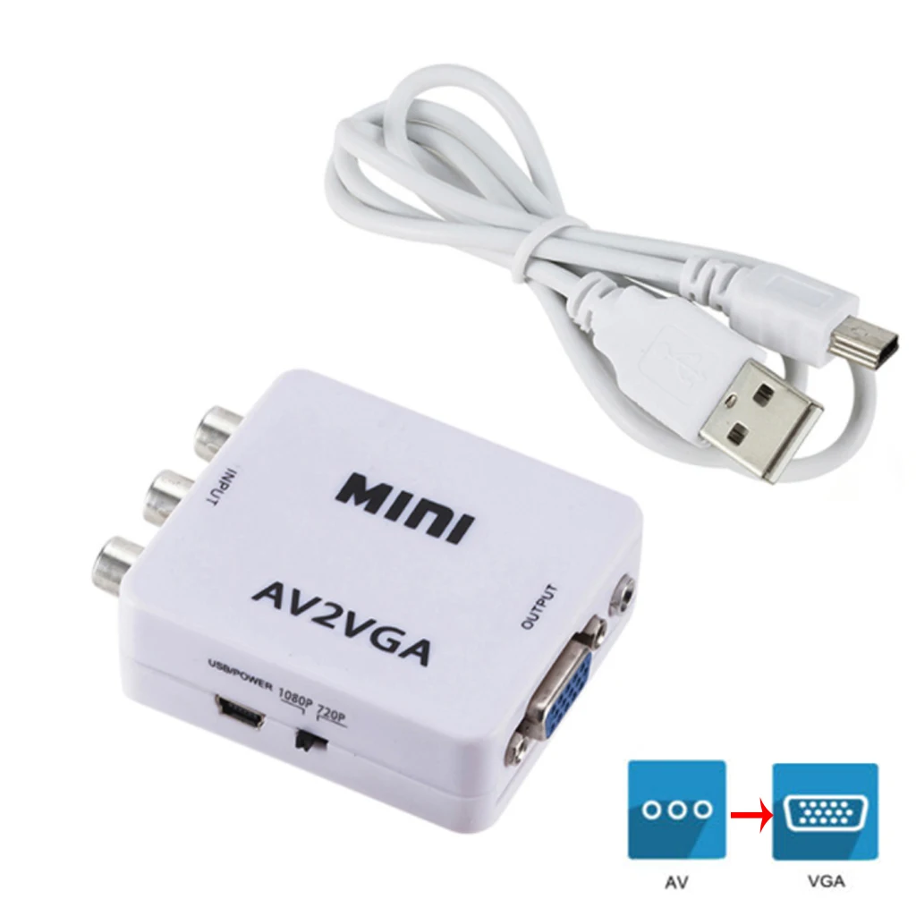  Mini HD 1080 p AV2VGA Video Converter Box adattatore AV RCA CVBS al Convertitore Video VGA PC Conve