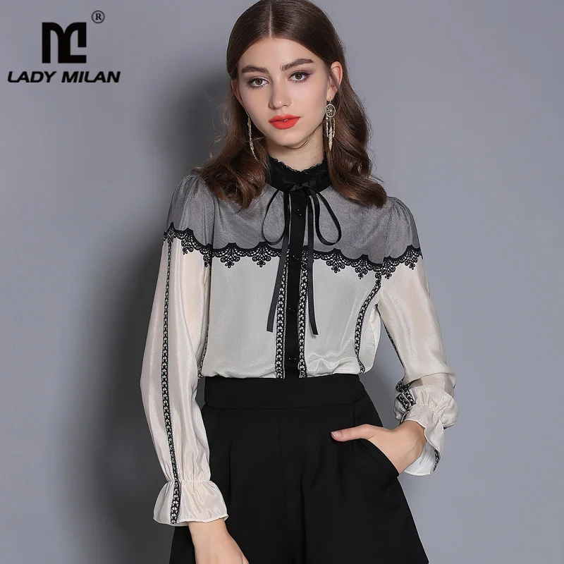 Lady Milan 2019 100% Pure Silk Women's Runway Shirts Stand Collar Long ...