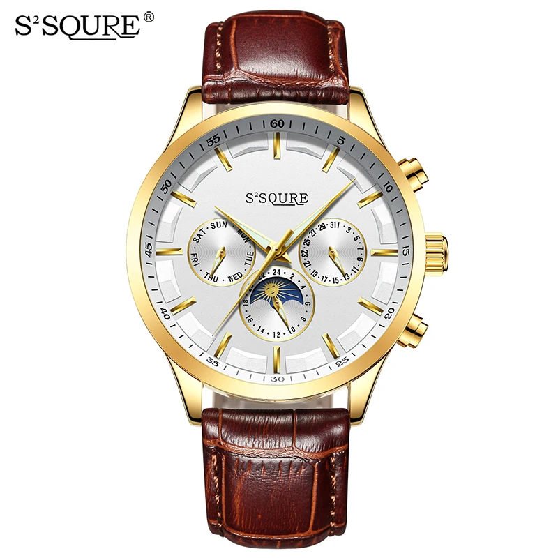 

S2SQURE Business Mechanical Watch Men Auto Date Moon Phase Orologio Uomo Automatic Watches Leather Wristwatches Relogio