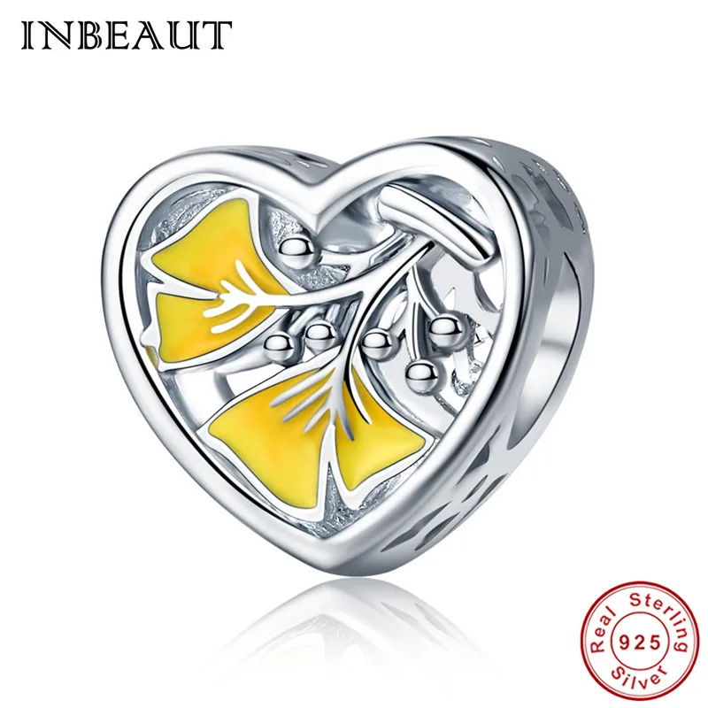 

INBEAUT New Original 925 Sterling Silver Europe Ginkgo Leaf Yellow Enamel Tree Heart Charm Beads fit s925 Bracelet Women DIY