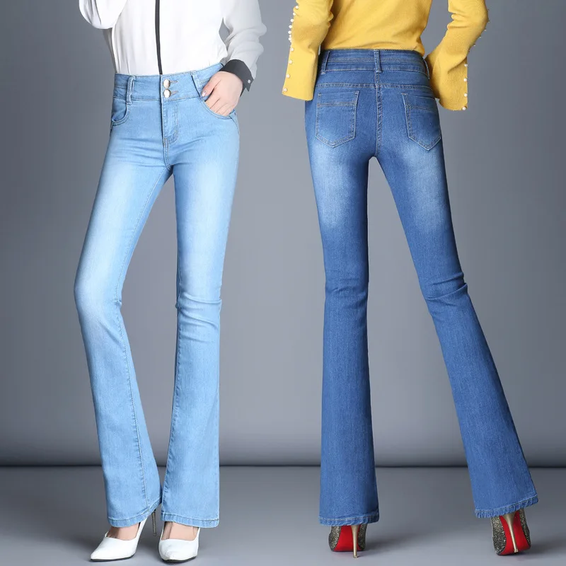 джинсы с высокой талией Push Up Батт Жан роковой загрузки вырезать широкие брюки джинсовые штаны двубортный расклешенных Жан