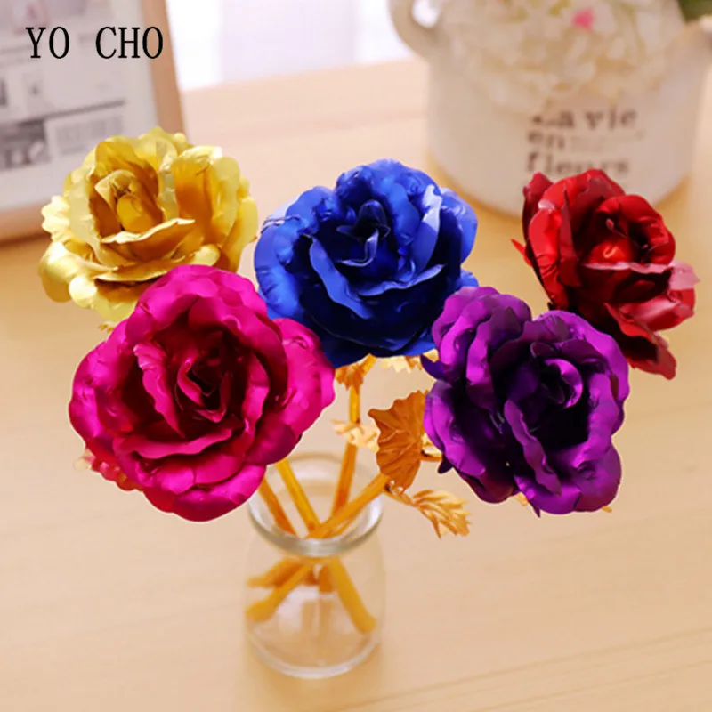 YO CHO 24 K Gold Foil Roses Artificial Flowers Home Decoration Mother's Day Big Flower Heads With Stem Anniversary Gift Flower