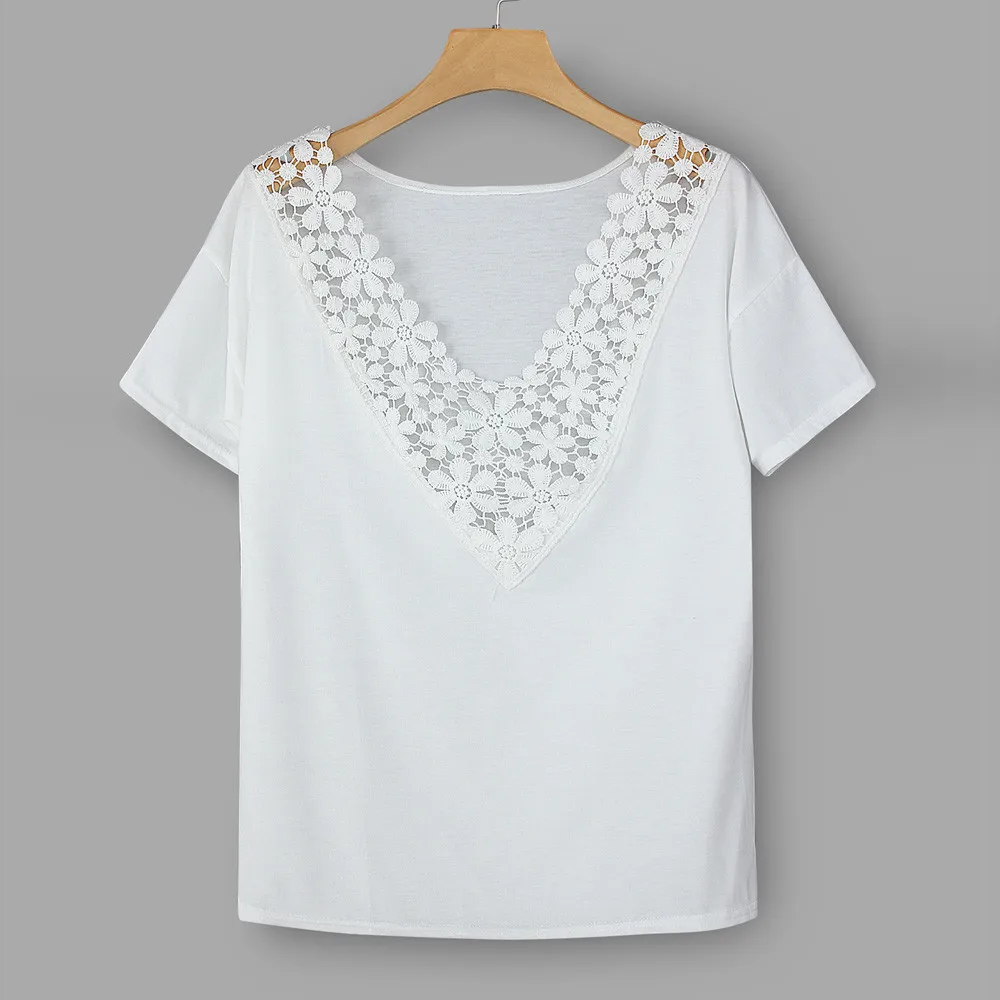

Women T Shirts Street Fashion Slim Summer Short Sleeve V Neck Lace Hollow Out Tops Clothes T Shirt Casual Blusas Femininas