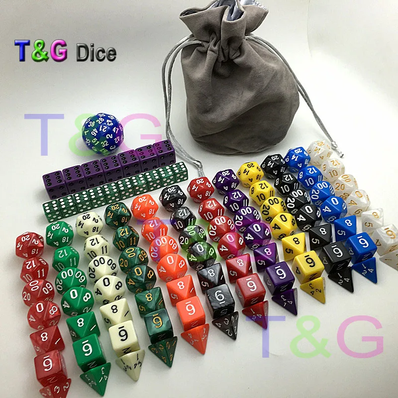 

High Quality 100pcs Dice,12 Sets of 7 +16 D6 12mm 16mm RPG Gambling Dice -Free D60 & Velvet Bag Different Sides