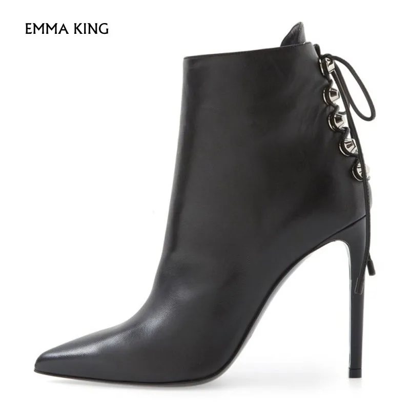 

Black Stiletto Boots Pointy Toe Back Lace up Booties with Silver Studs High Heel Botas Mujer Party Fashion Shoes Woman Plus Size