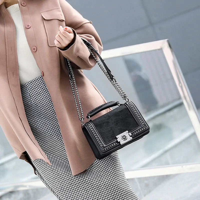 Fashion chain handle with horse hair women's shoulder bag lock buckle cover type suture decoration women handbags