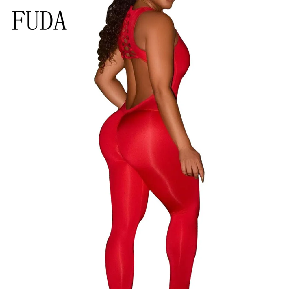 FUDA Red Burnt Flower Openwork Backless Sleeveless Summer Jumpsuits Women Bodycon Bandage Hole Playsuits Combinaison Short Femme FUDA Red Burnt Flower Openwork Backless Sleeveless Summer Jumpsuits Women Bodycon Bandage Hole Playsuits Combinaison Short Femme