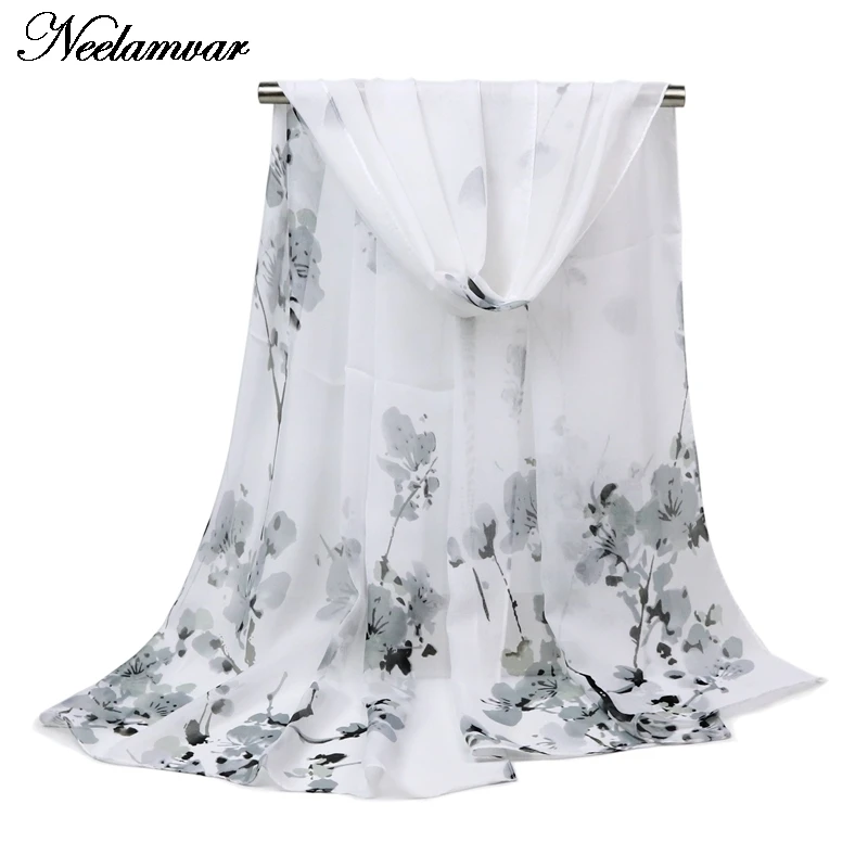 

Hot Fashion thin Women Scarf Chiffon Shawl turban flower print Hijab Neck Warmer Silk Scarf Girls Cape 50*160 Long Headband