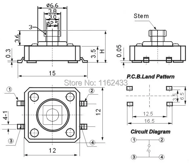 FAS12-S series tact switch surface mount type drawing