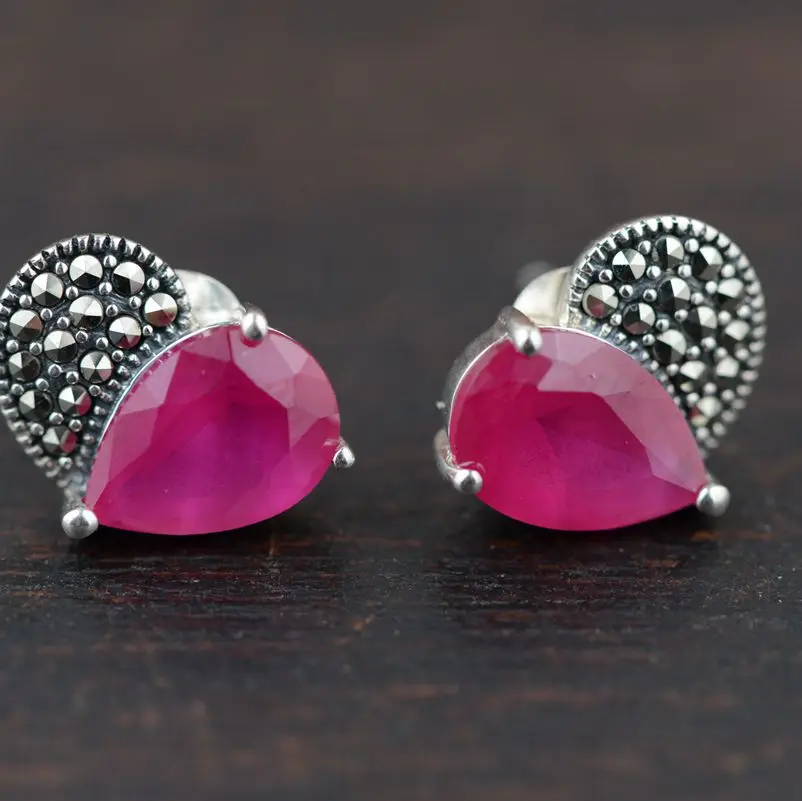 

[silver] deer King silver earrings wholesale red corundum S925 Sterling Silver female mahogany antique style