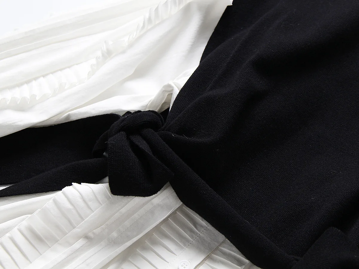 Корейская Лоскутная Женская рубашка свитер жилет Весна плиссированная белая длинная рубашка платье комплект из двух предметов