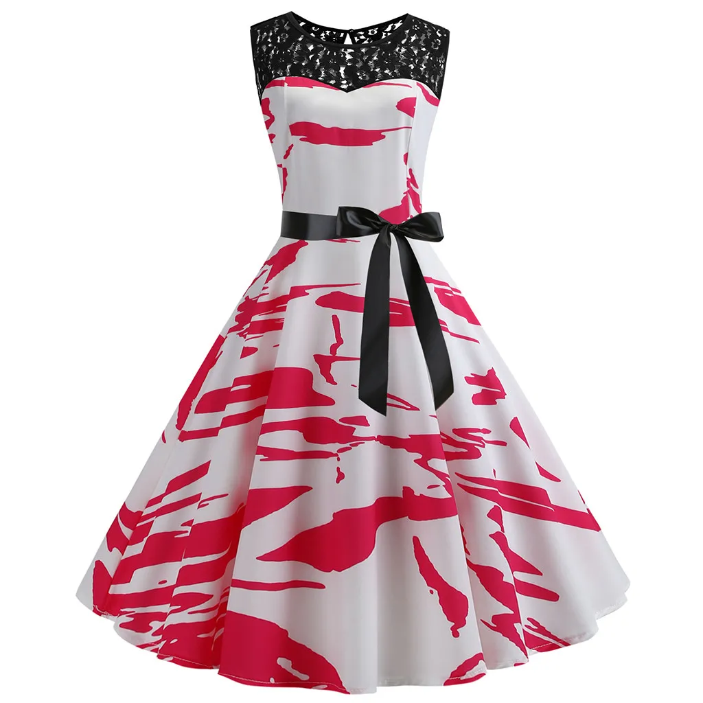 LEXUPA Women Vintage Bodycon Sleeveless O Neck Evening Printing Party Prom Swing Dress