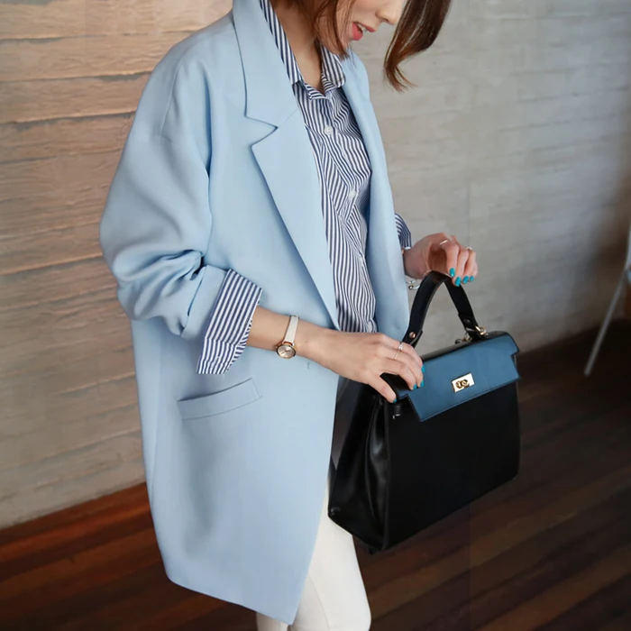 

Black Blazer Wear Jaqueta Feminina Spring New Loose Street Cocoon Woman Pockets Medium Long Suit Female Jacket Thin OL Blazers