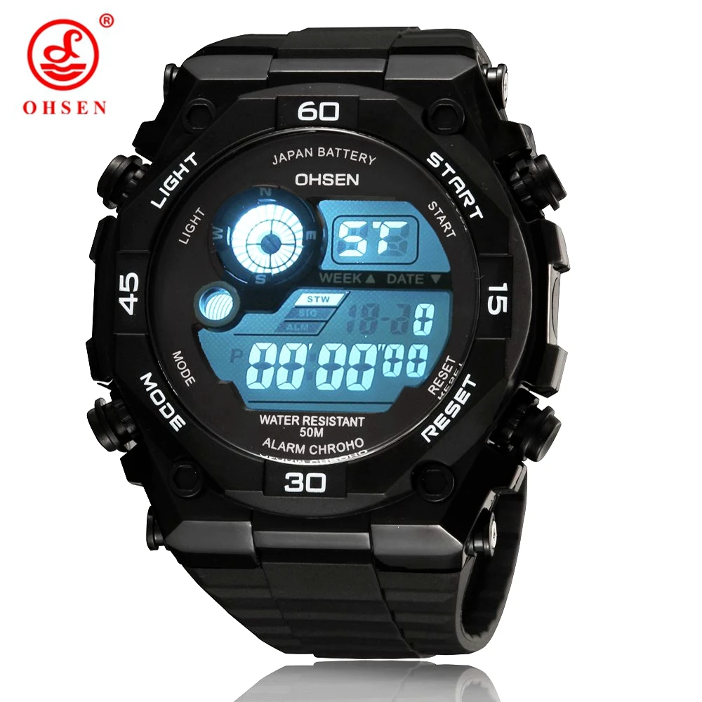

Top Sale New OHSEN Digital LCD Mens Watches Gifts 50M Diving Rubber Strap Alarm Blue Fashion Outdoor Sport Boys Male wristwatch
