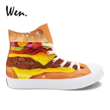 Вэнь Дизайн Ручная роспись обувь гамбургер парусиновые кроссовки унисекс высокие на шнуровке скейтборд Эспадрильи плоские кружевные плимсоллы
