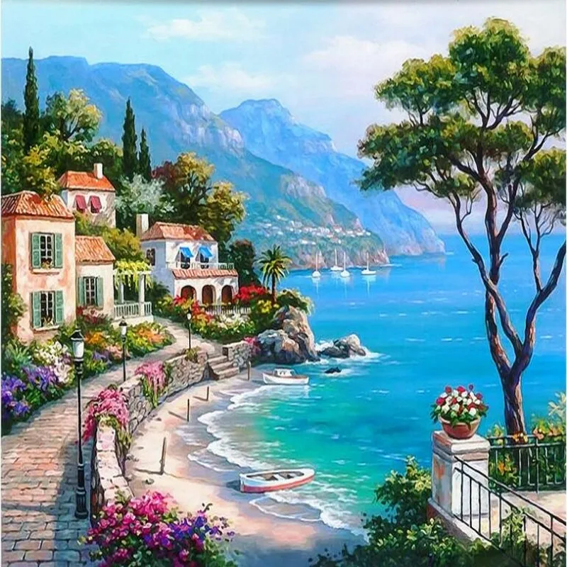 

beibehang Custom large frescoes Mediterranean seaside garden landscape oil paintings background wall non - woven wallpaper