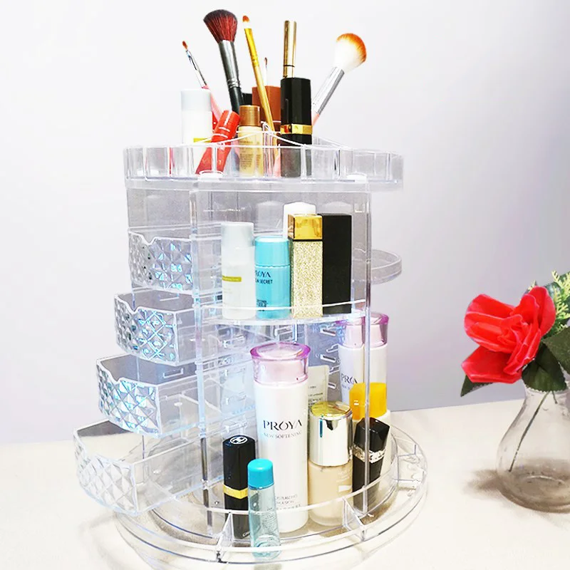 

360-degree Rotating Drawer Makeup Storage Box Brush Holder Jewelry Organizer Case Transparent Cosmetic Case Makeup Tool Kits